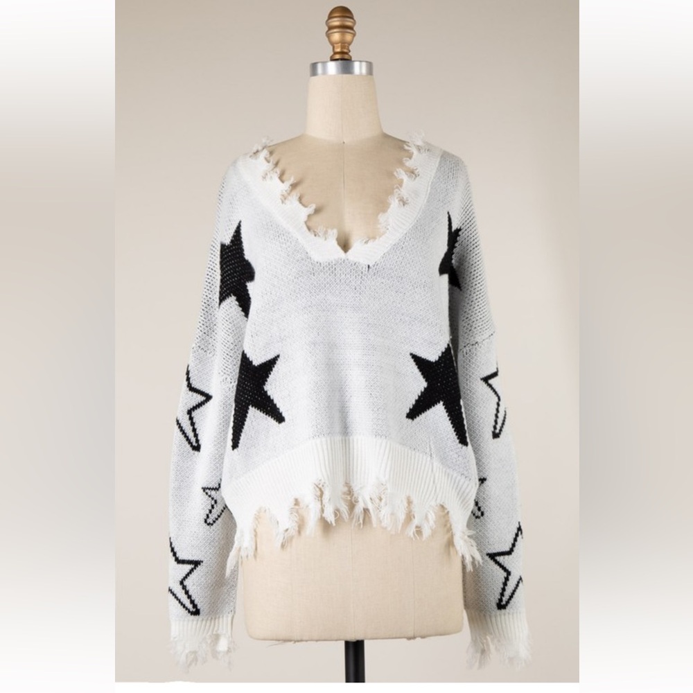 Miracle Black White Star print V Neck Long Sleeve Knit Sweater - Picture 6 of 6